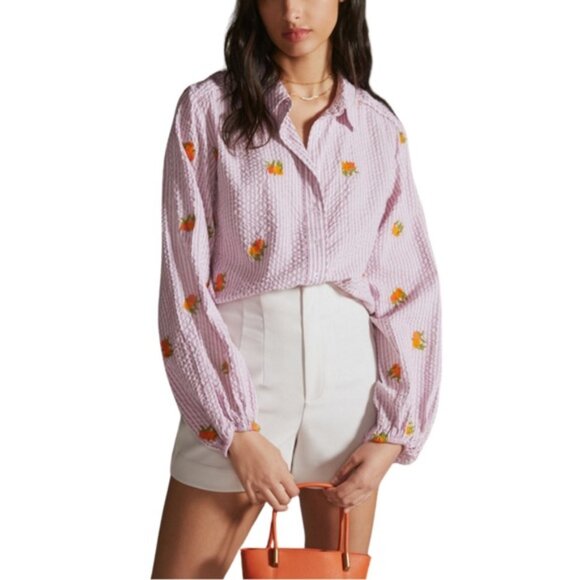 Anthropologie Maeve Embroidered Orange Pink Striped Button Down Shirt Women’s XL - Picture 1 of 16